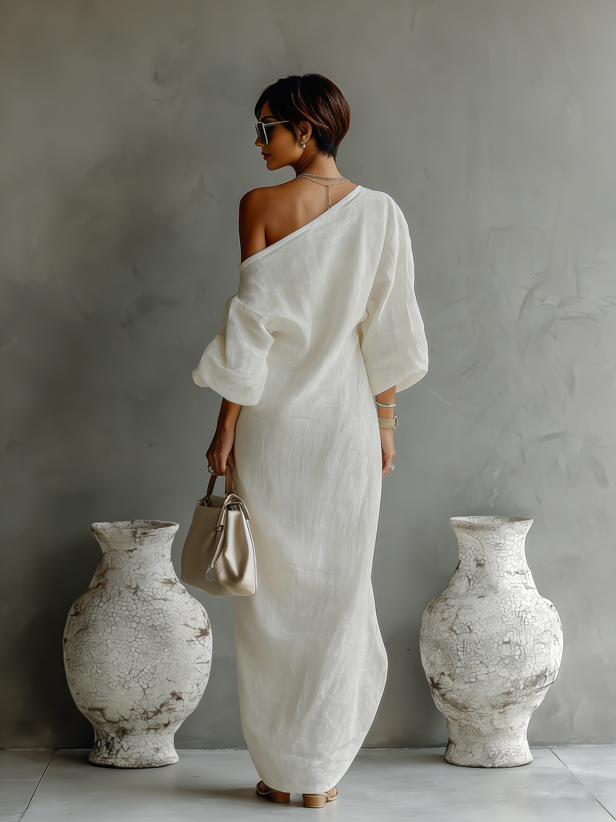 Angela | Vestido Maxi de Lino con Hombros Descubiertos, Caída Fluida