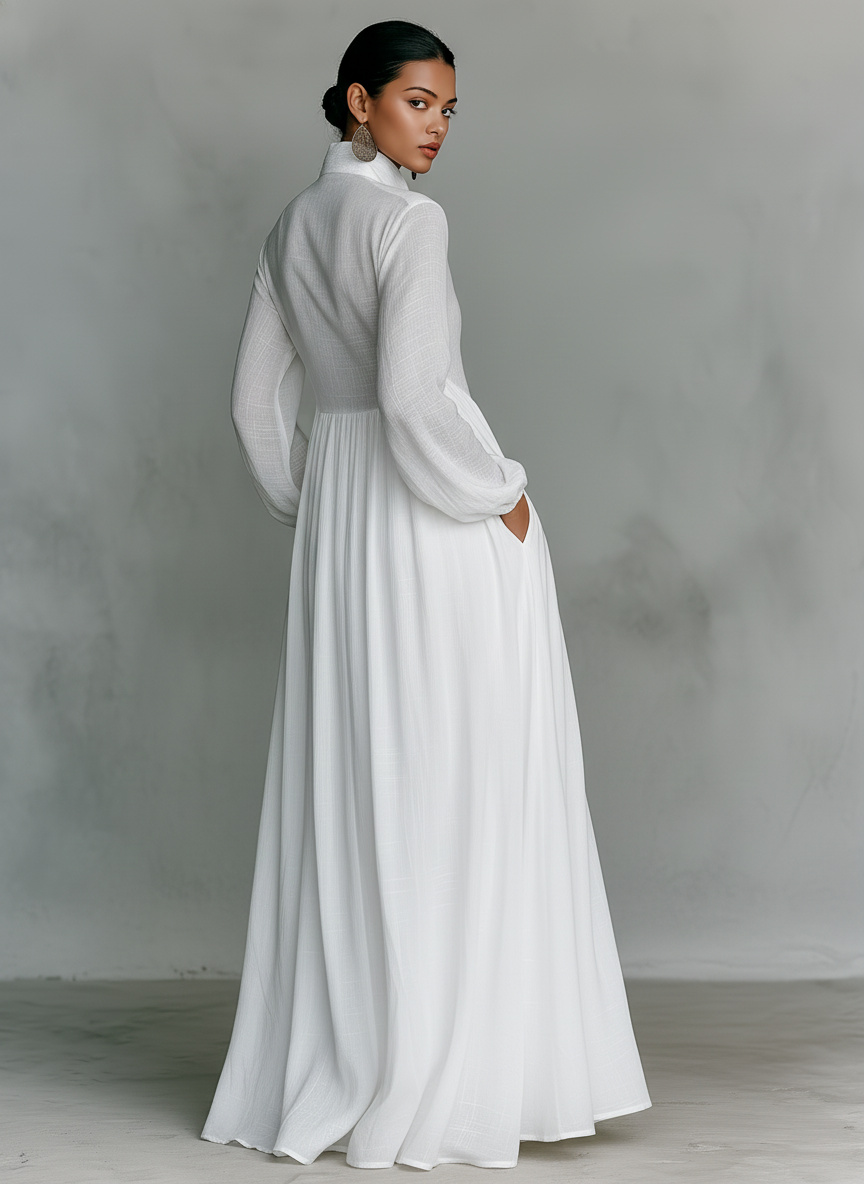 Sandra | Vestido Maxi de Lino Patchwork con Cuello Alto