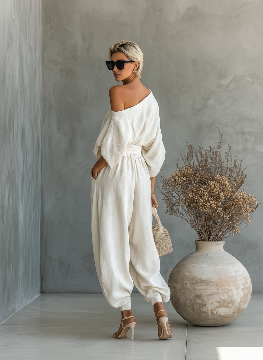 Susana | Conjunto de lino con hombro descubierto y pantalón