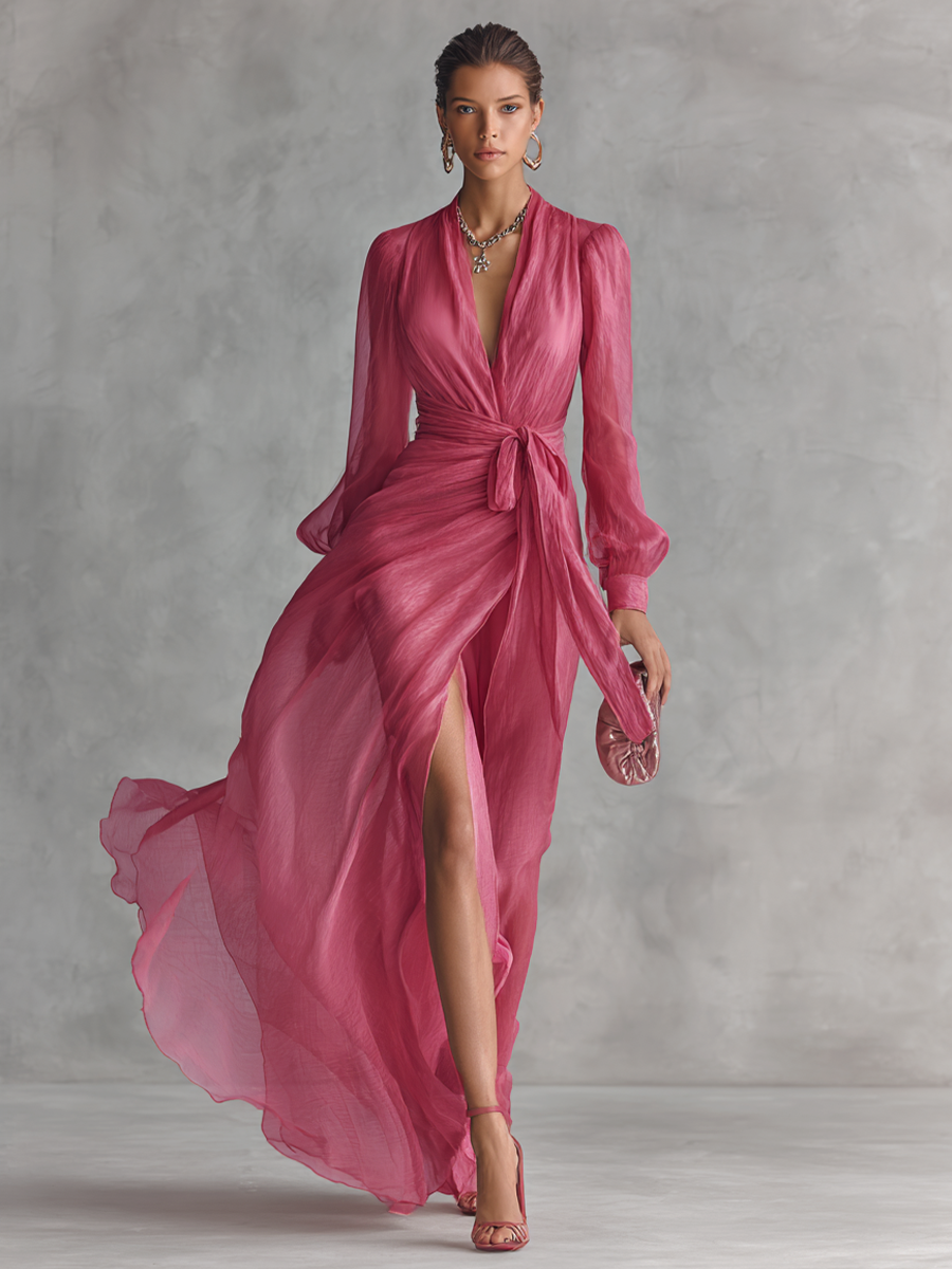 Amalia | Vestido de chifón perlado con escote en V rosa