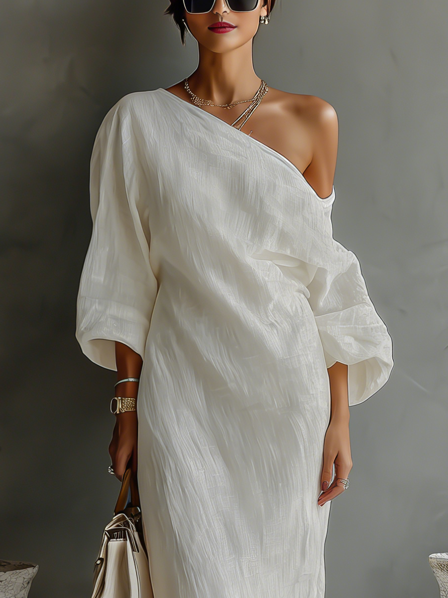 Angela | Vestido Maxi de Lino con Hombros Descubiertos, Caída Fluida