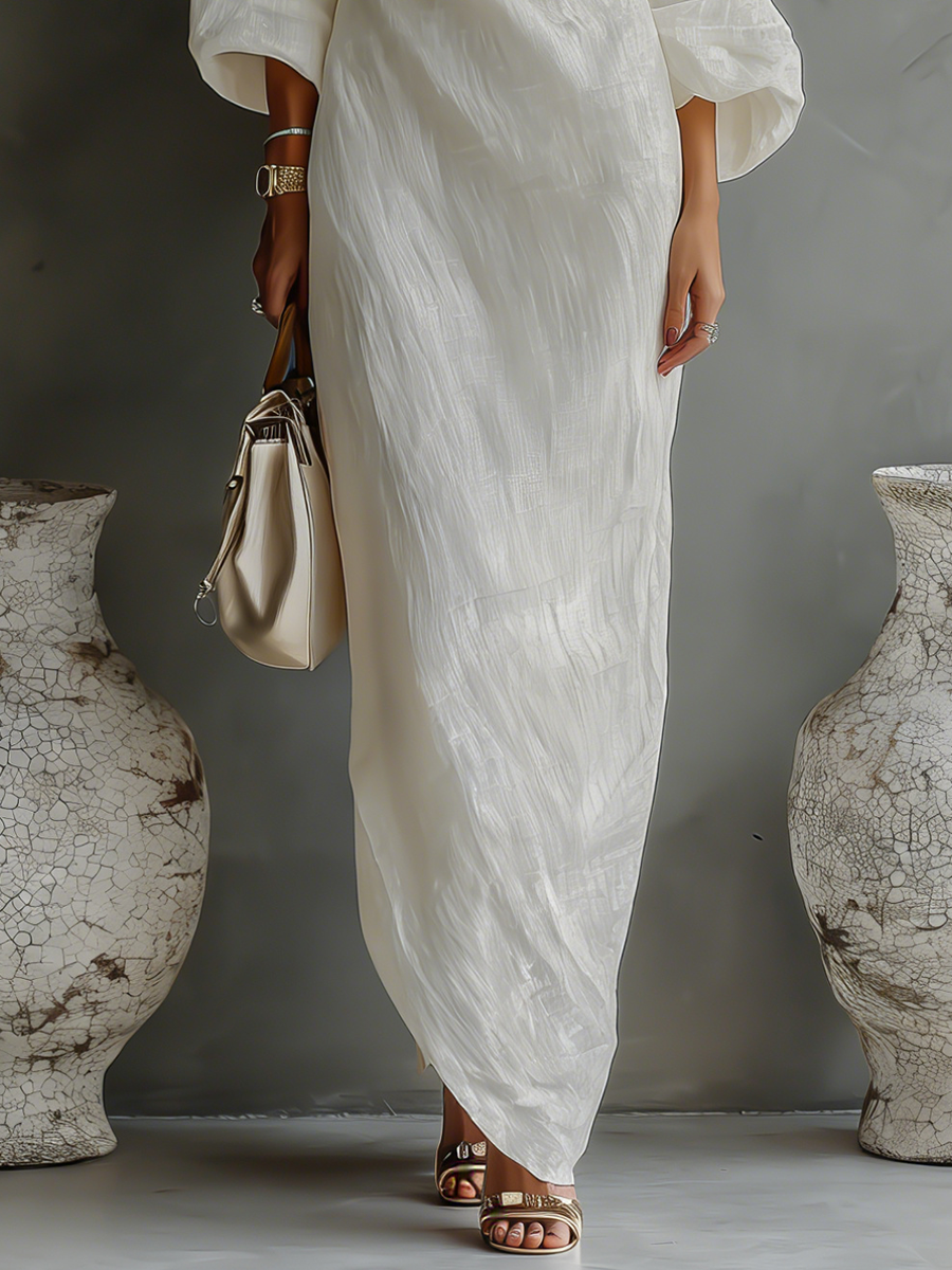 Angela | Vestido Maxi de Lino con Hombros Descubiertos, Caída Fluida