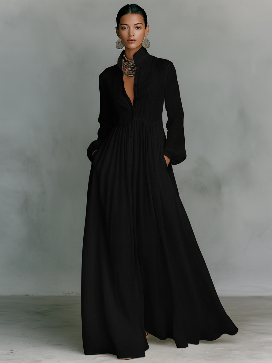 Sandra | Vestido Maxi de Lino Patchwork con Cuello Alto