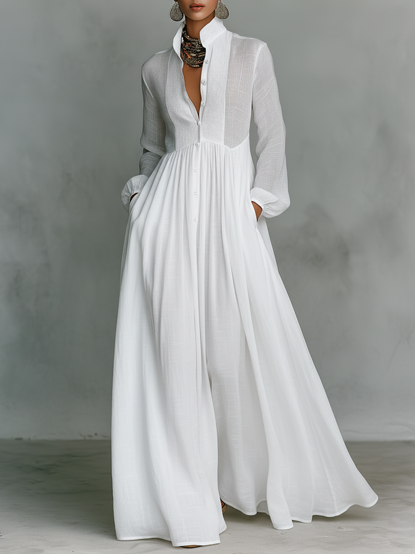 Sandra | Vestido Maxi de Lino Patchwork con Cuello Alto