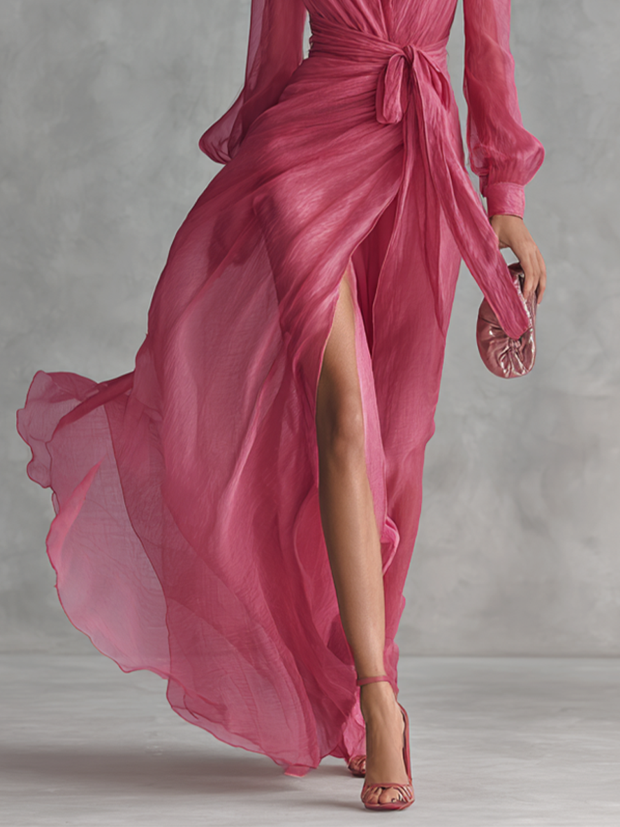 Amalia | Vestido de chifón perlado con escote en V rosa