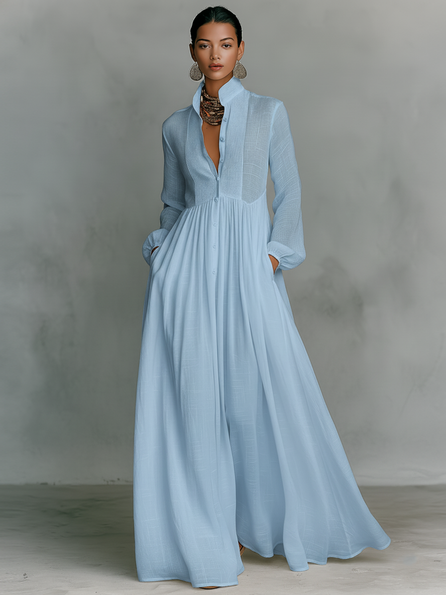 Sandra | Vestido Maxi de Lino Patchwork con Cuello Alto
