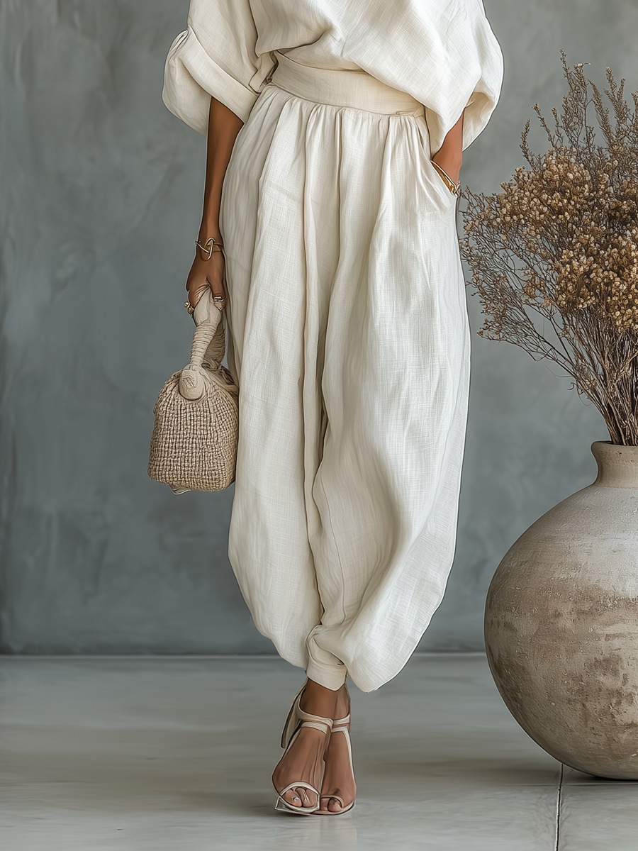 Susana | Conjunto de lino con hombro descubierto y pantalón