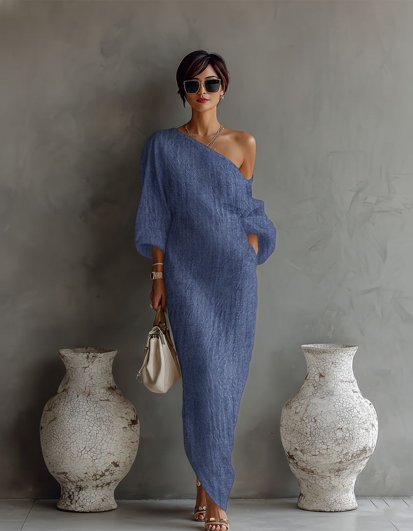 Angela | Vestido Maxi de Lino con Hombros Descubiertos, Caída Fluida