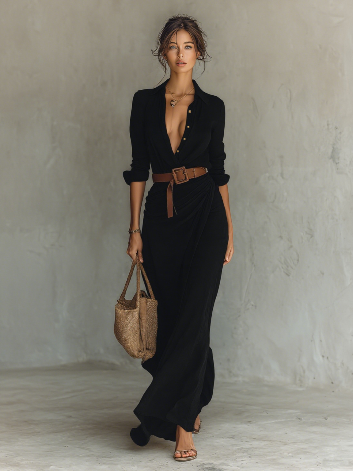 Lucía | Vestido Maxi Con Cuello De Solapa Ceñido Con Cinturón