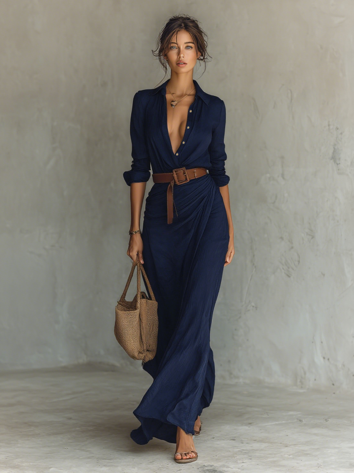 Lucía | Vestido Maxi Con Cuello De Solapa Ceñido Con Cinturón
