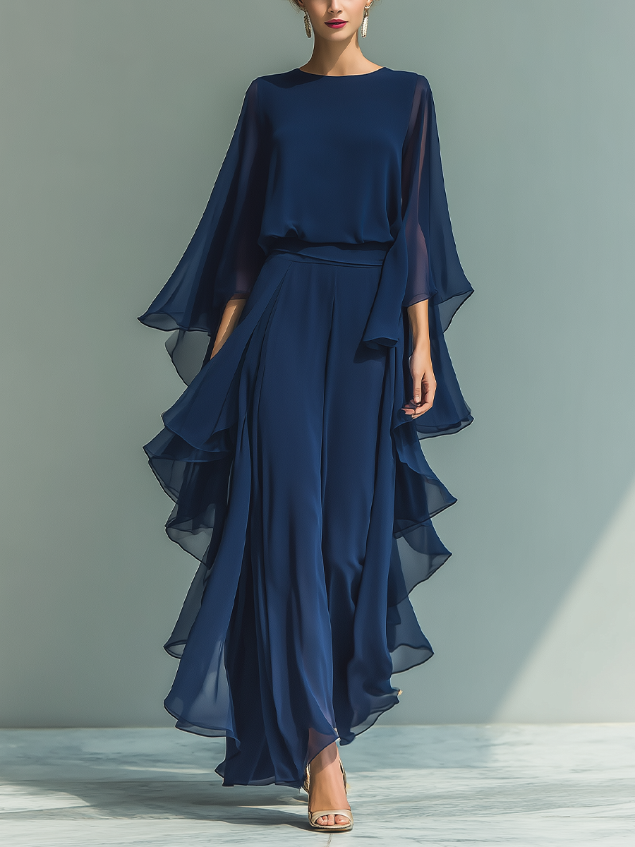 Katherine | Conjunto de chiffón azul marino con volantes