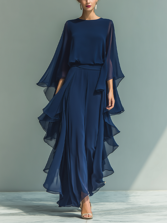 Katherine | Conjunto de chiffón azul marino con volantes
