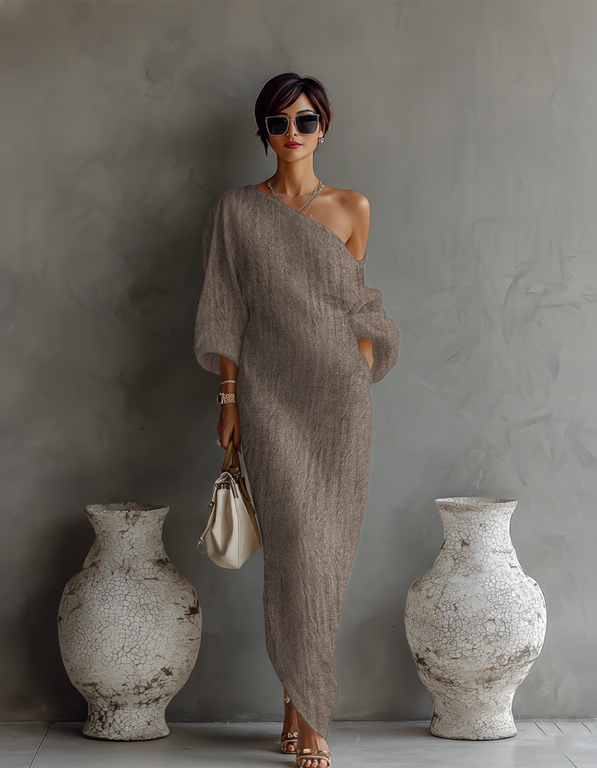 Angela | Vestido Maxi de Lino con Hombros Descubiertos, Caída Fluida