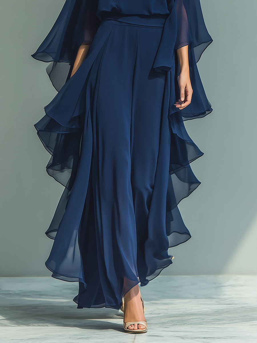 Katherine | Conjunto de chiffón azul marino con volantes