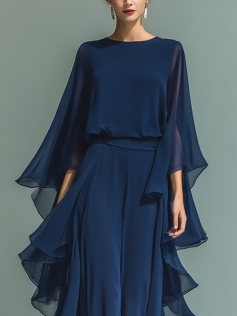 Katherine | Conjunto de chiffón azul marino con volantes