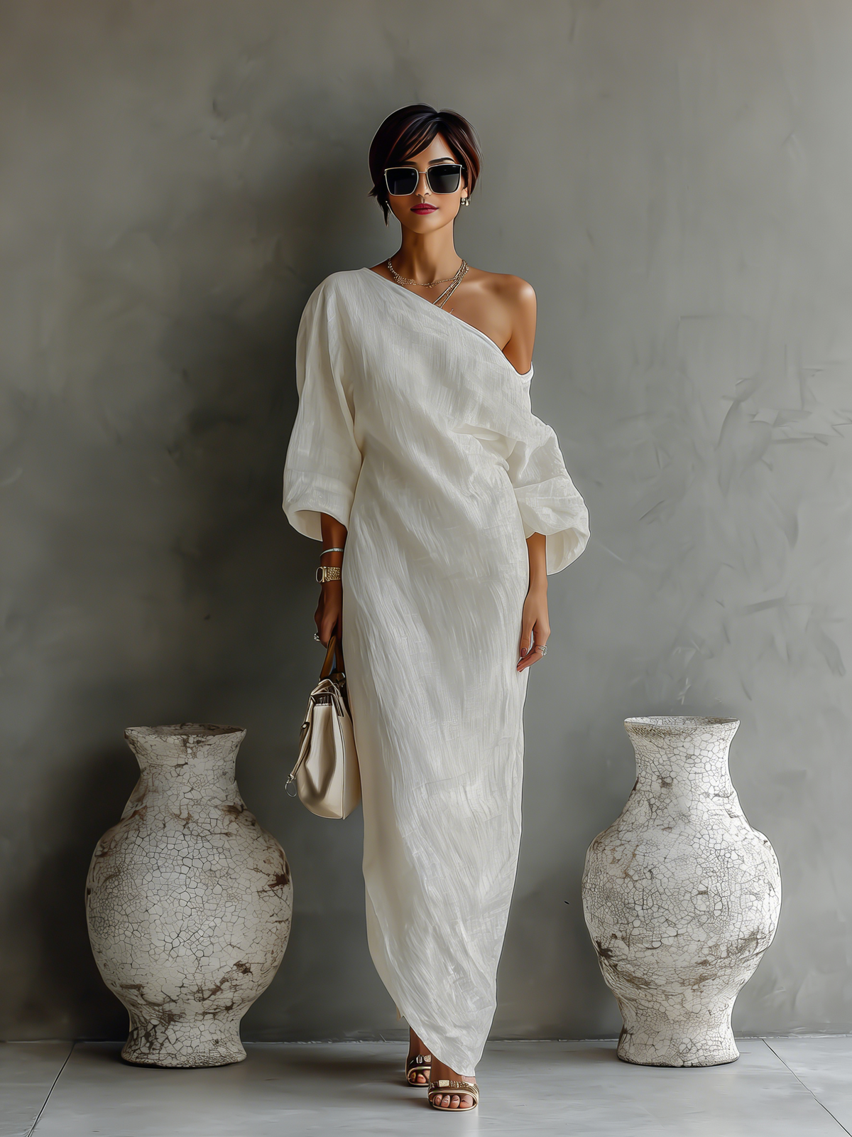 Angela | Vestido Maxi de Lino con Hombros Descubiertos, Caída Fluida