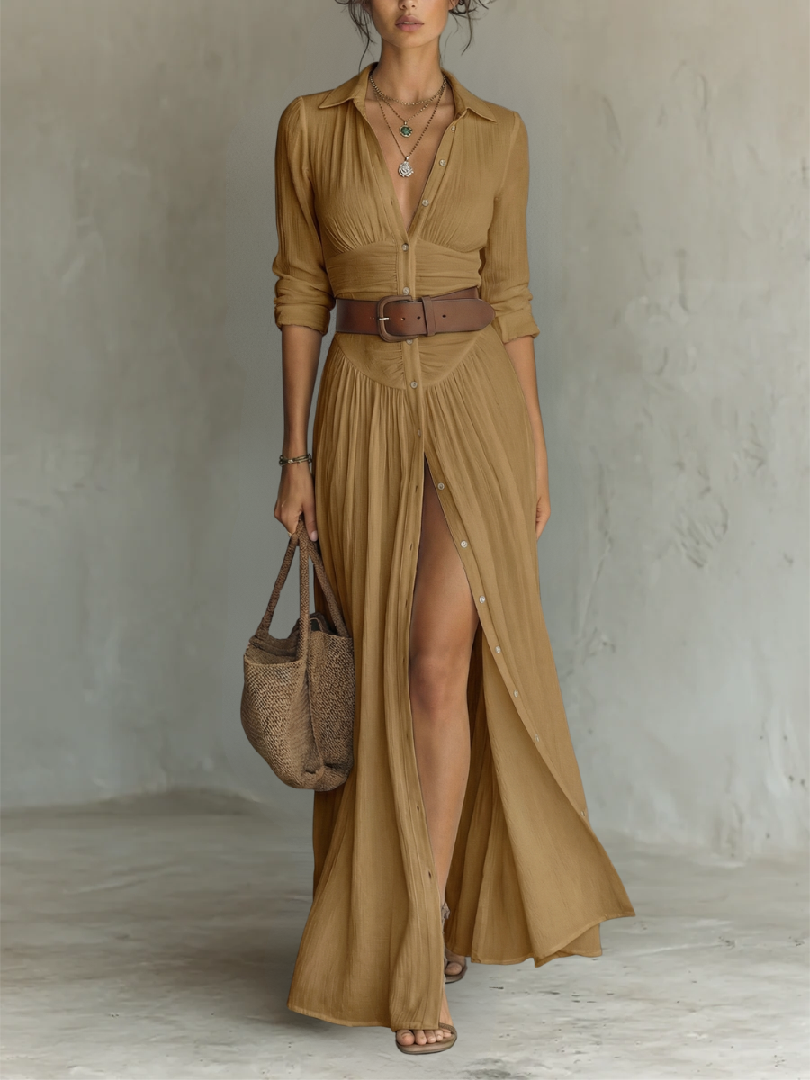 Andrea | Vestido maxi de lino, mangas largas, cuello tipo solapa
