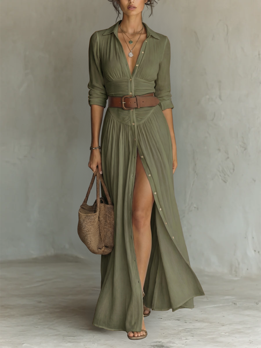 Andrea | Vestido maxi de lino, mangas largas, cuello tipo solapa