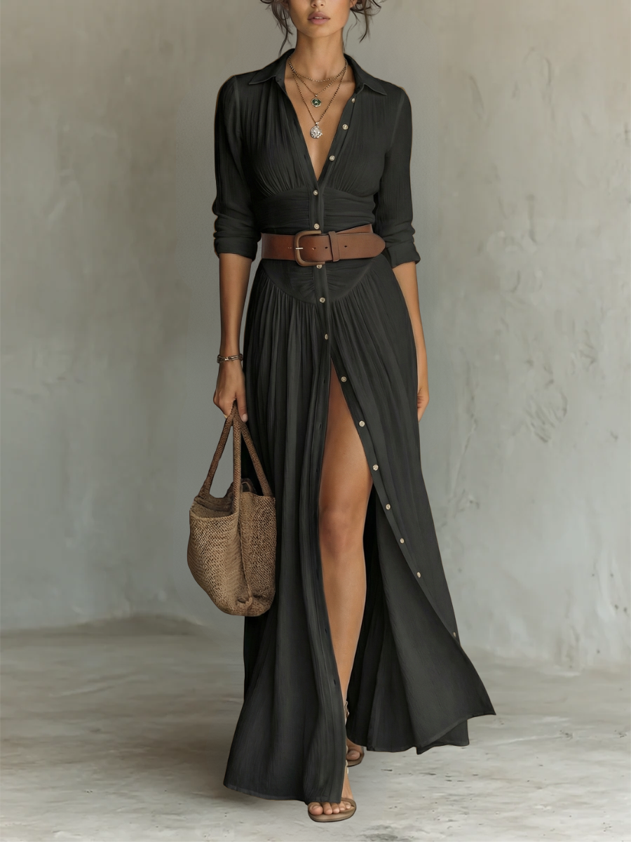 Andrea | Vestido maxi de lino, mangas largas, cuello tipo solapa