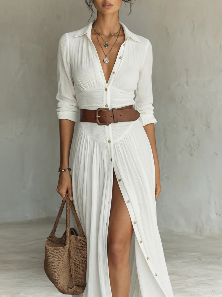 Mónica | Vestido maxi de lino plisado con cuello tipo solapa