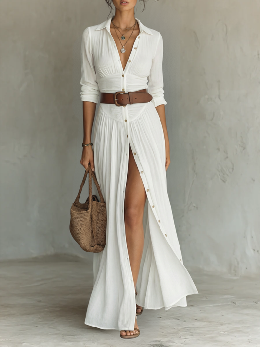 Andrea | Vestido maxi de lino, mangas largas, cuello tipo solapa