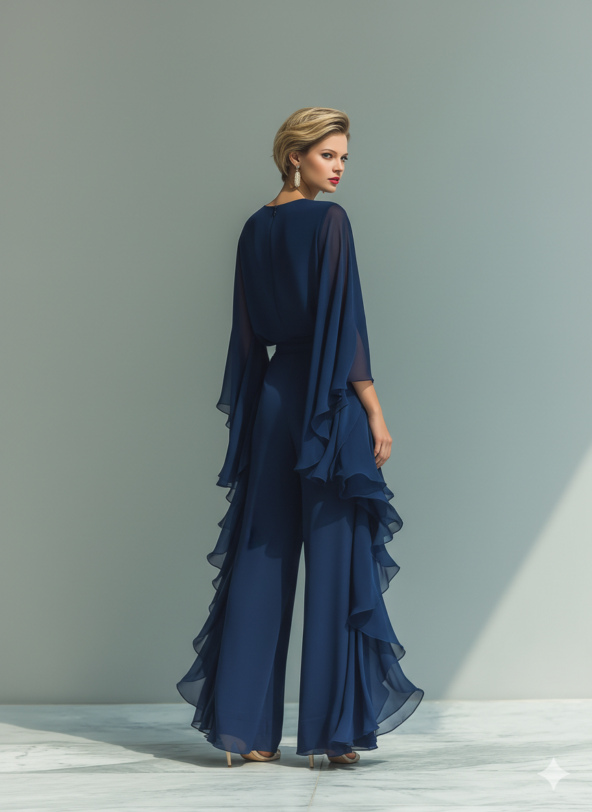 Katherine | Conjunto de chiffón azul marino con volantes