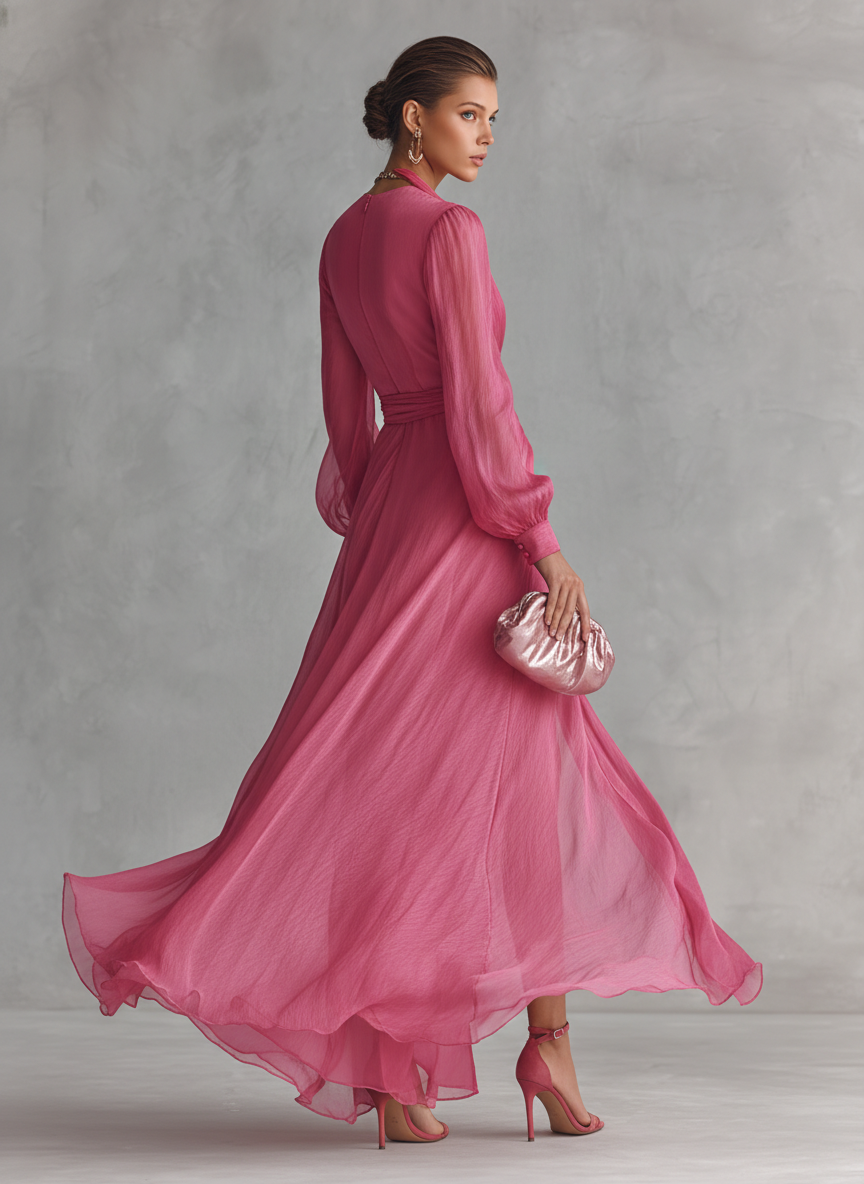 Amalia | Vestido de chifón perlado con escote en V rosa