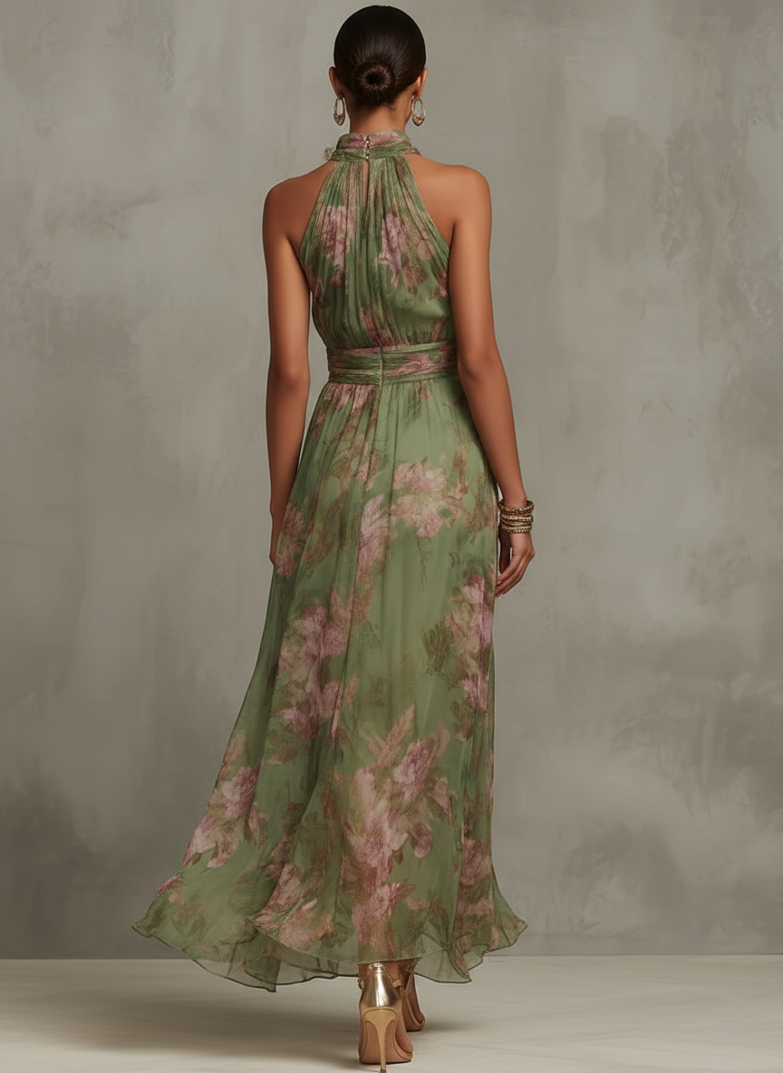 Livie | Vestido largo elegante con motivo floral y espalda descubierta