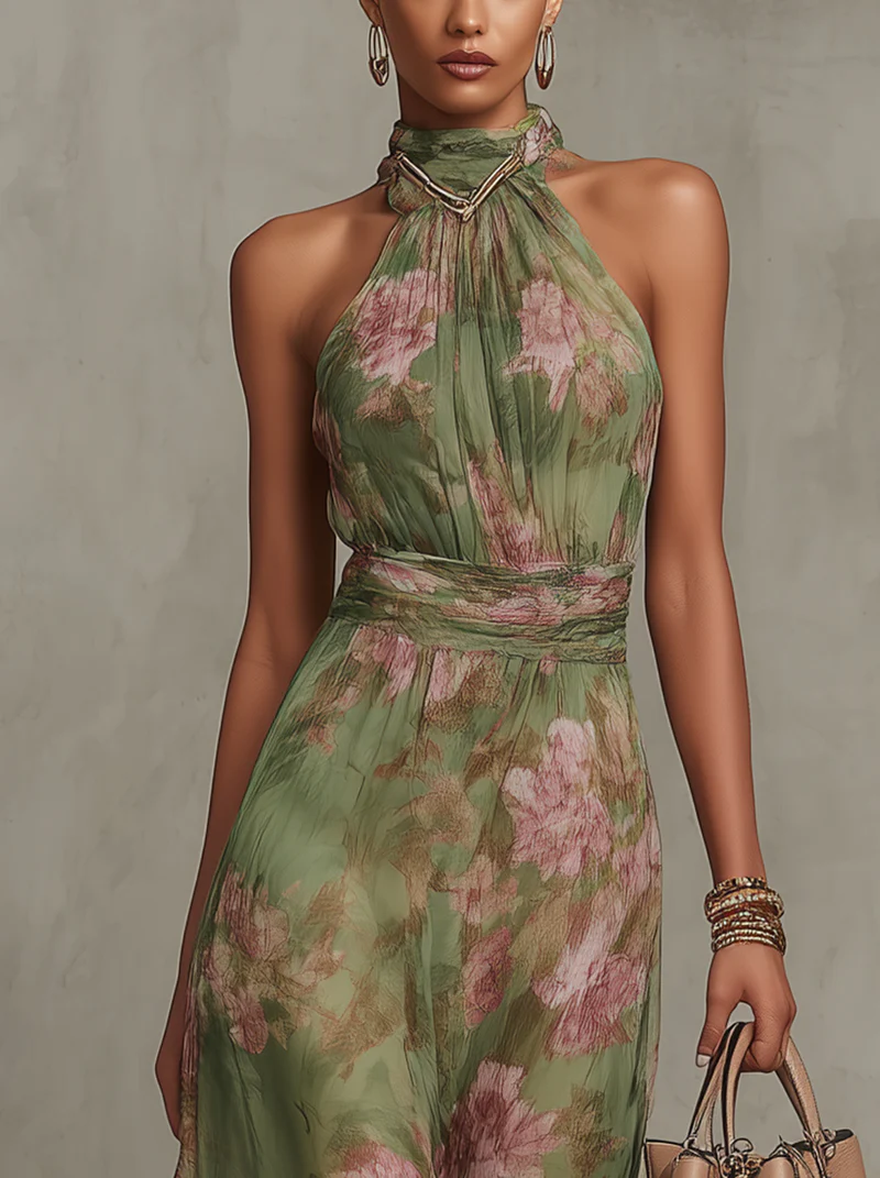 Livie | Vestido largo elegante con motivo floral y espalda descubierta
