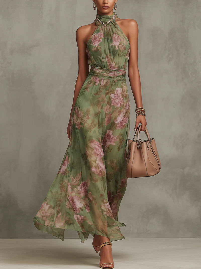 Livie | Vestido largo elegante con motivo floral y espalda descubierta