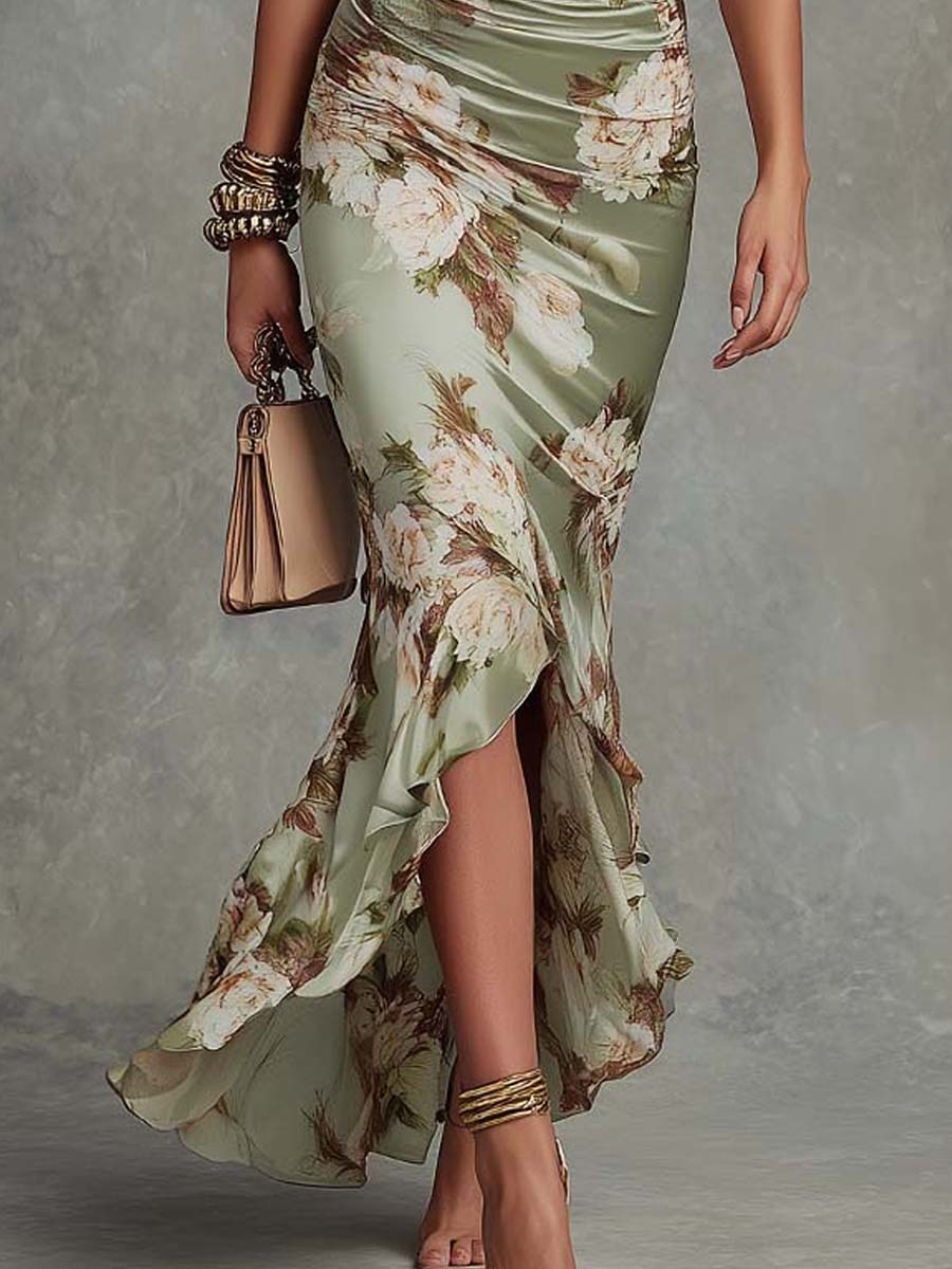 Anastasia | Vestido largo asimétrico de satén con estampado floral
