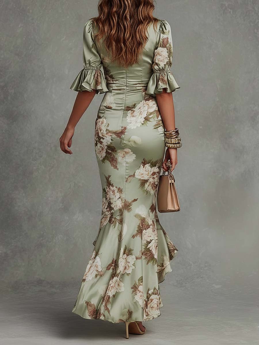 Anastasia | Vestido largo asimétrico de satén con estampado floral