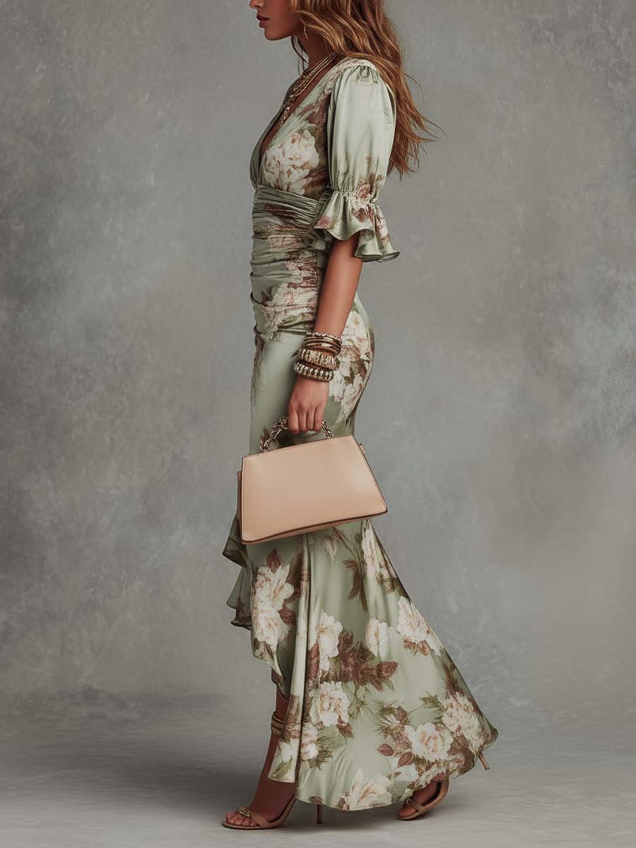Anastasia | Vestido largo asimétrico de satén con estampado floral