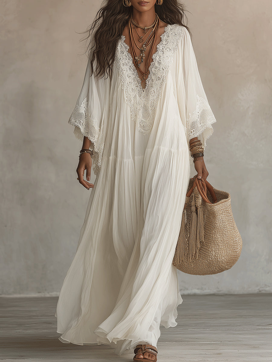 Celia | Vestido largo de chiffón marfil con mangas murciélago