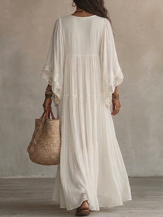 Celia | Vestido largo de chiffón marfil con mangas murciélago