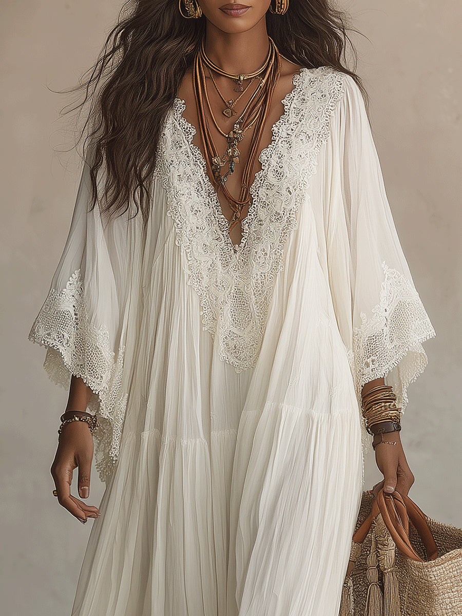 Celia | Vestido largo de chiffón marfil con mangas murciélago