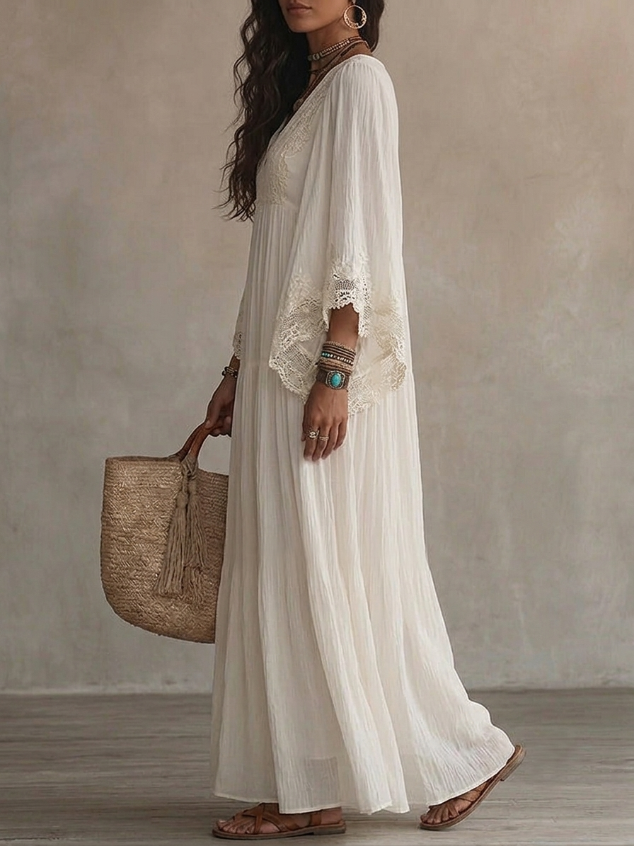 Celia | Vestido largo de chiffón marfil con mangas murciélago
