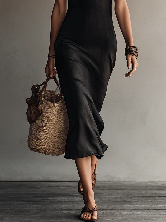 Alie | Vestido midi negro con escote en V y ribetes de encaje