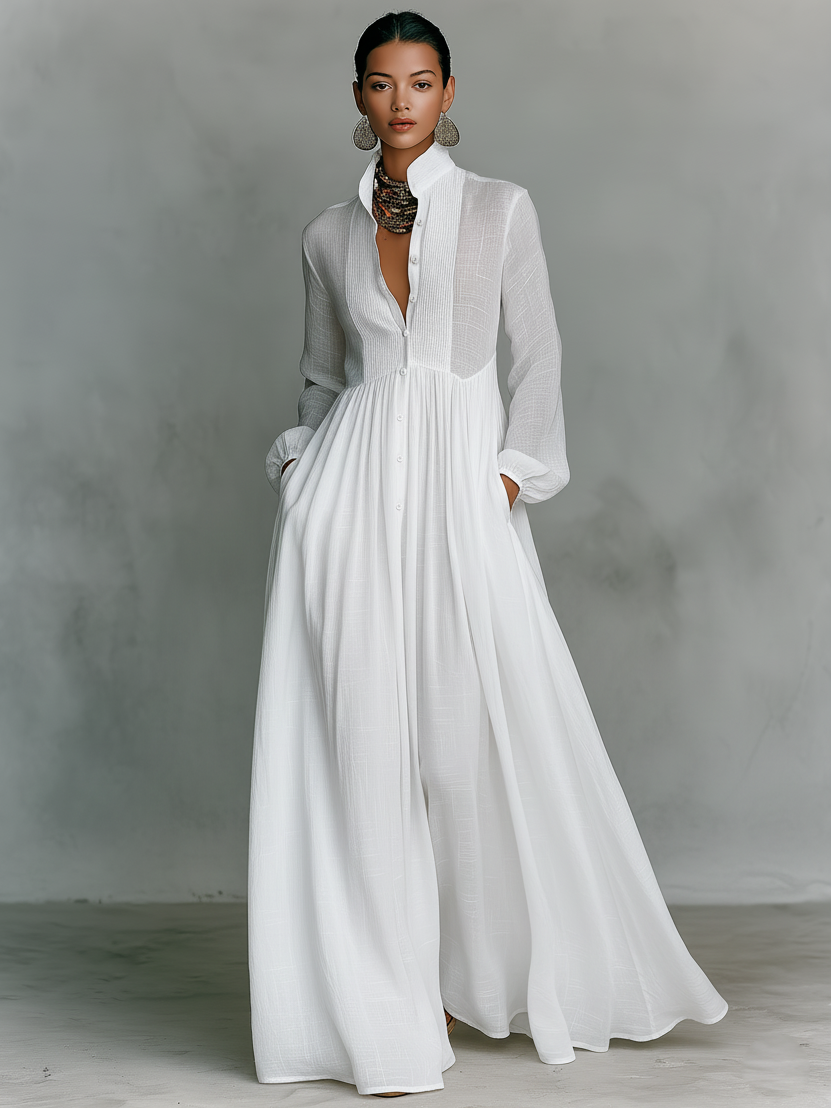 Sandra | Vestido Maxi de Lino Patchwork con Cuello Alto