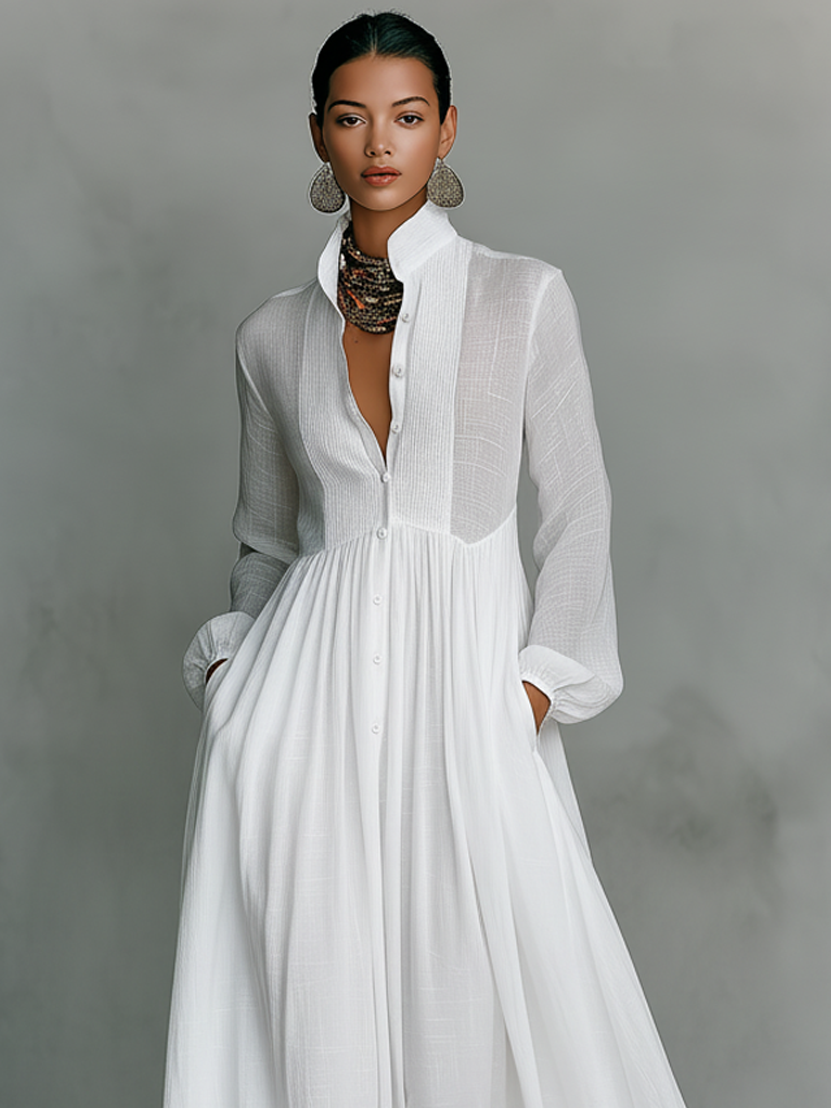 Sandra | Vestido Maxi de Lino Patchwork con Cuello Alto