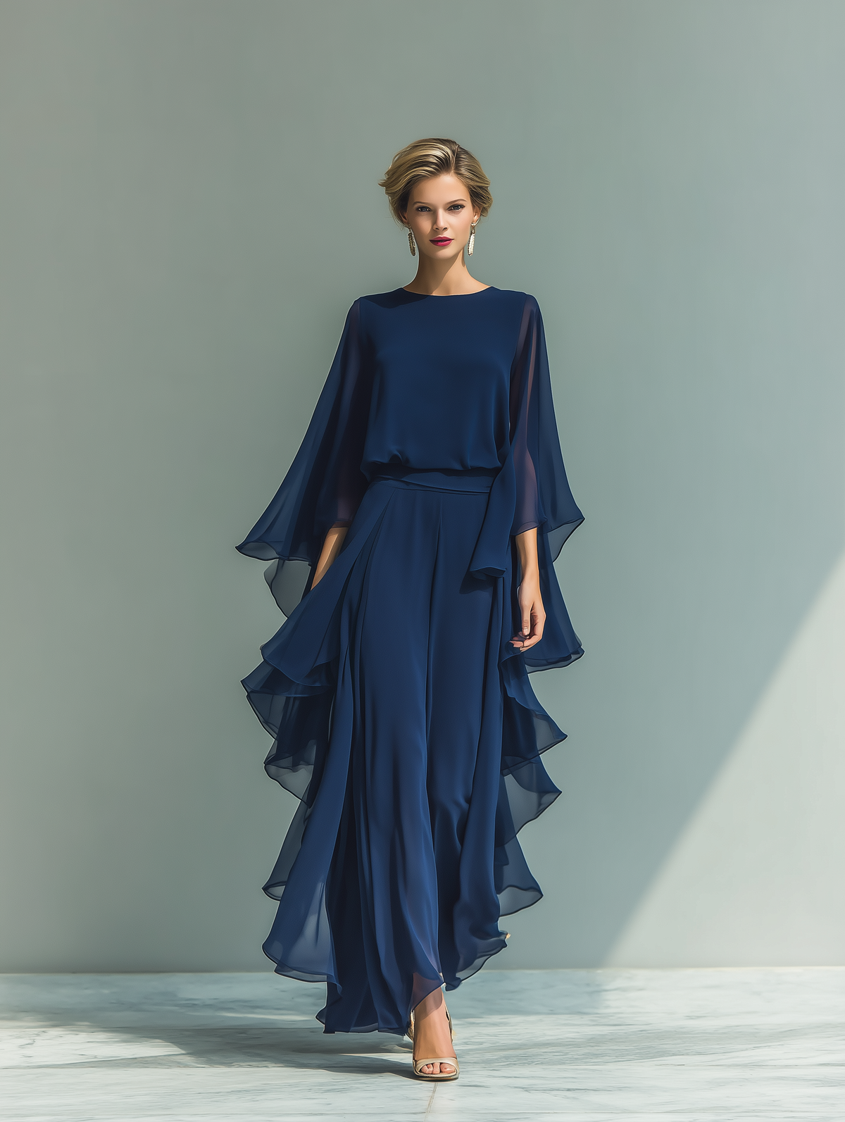 Katherine | Conjunto de chiffón azul marino con volantes