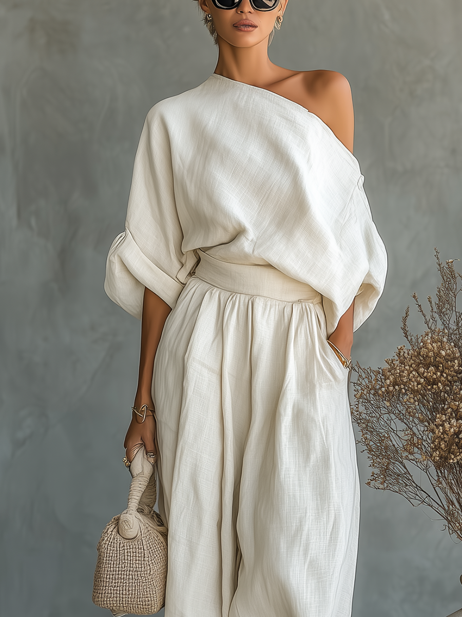 Susana | Conjunto de lino con hombro descubierto y pantalón