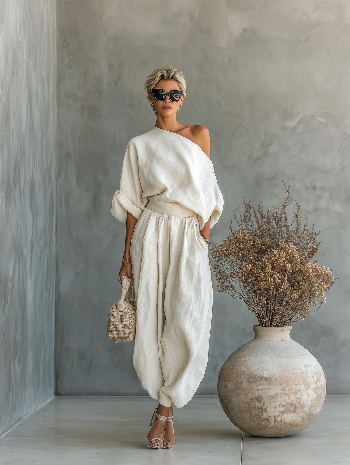 Susana | Conjunto de lino con hombro descubierto y pantalón