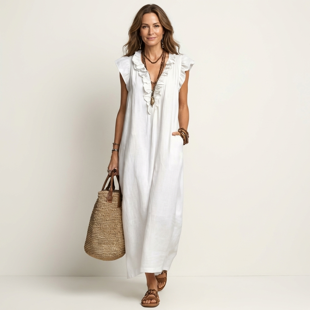 Anita | Vestido largo con escote en V y volantes