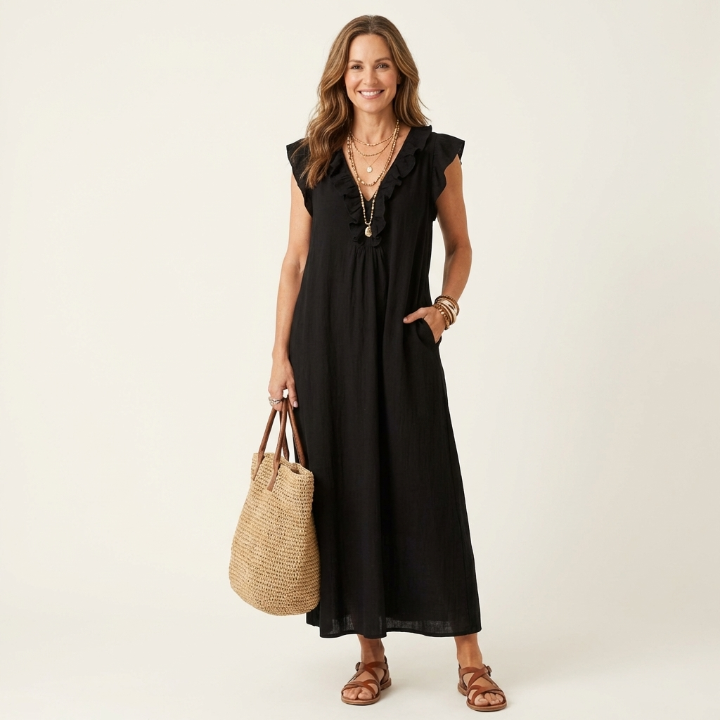 Anita | Vestido largo con escote en V y volantes