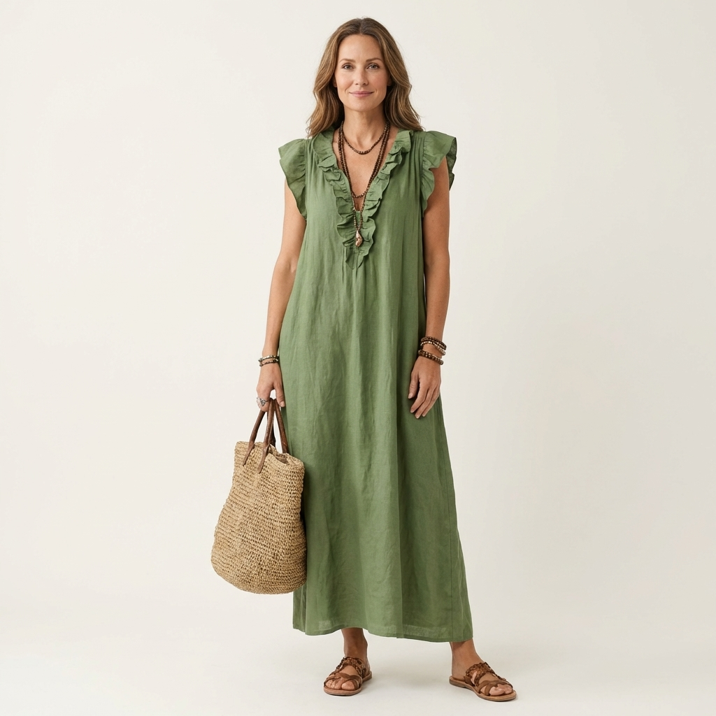 Anita | Vestido largo con escote en V y volantes