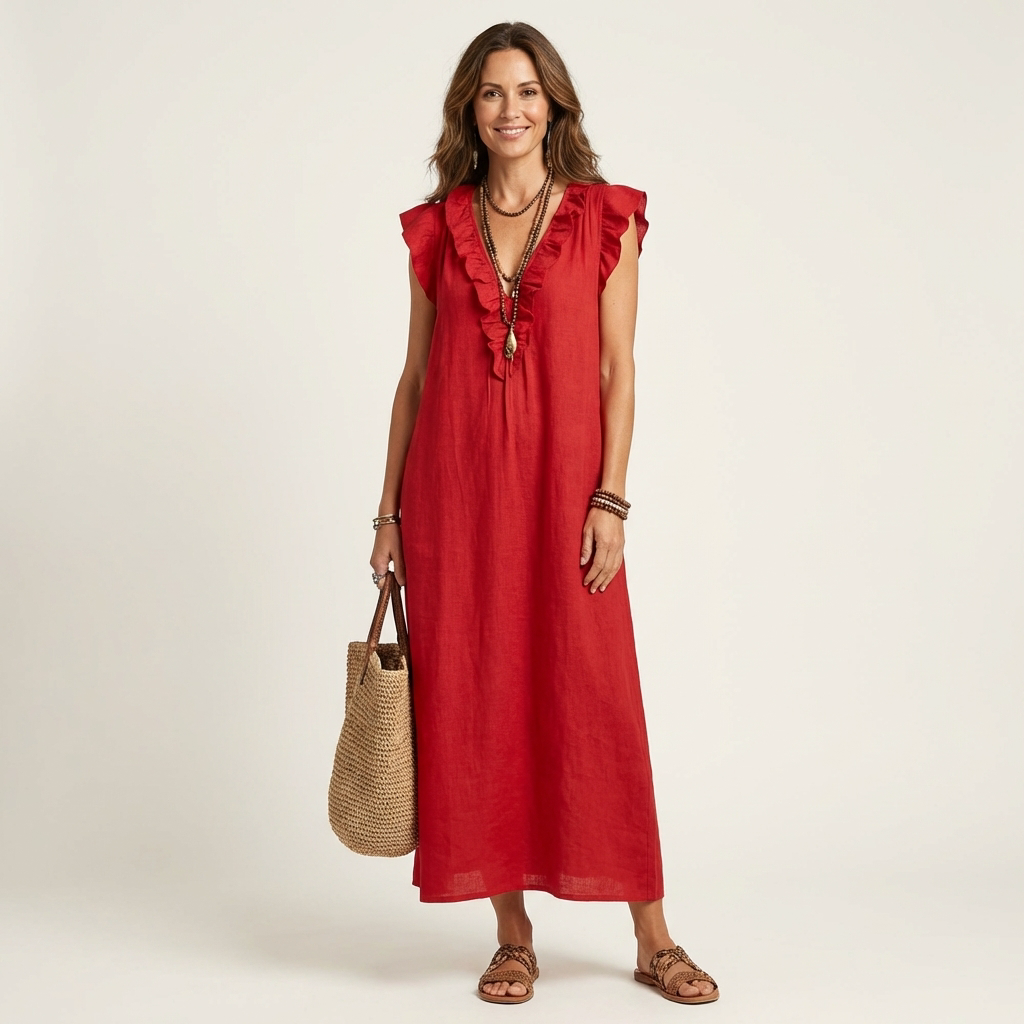 Anita | Vestido largo con escote en V y volantes