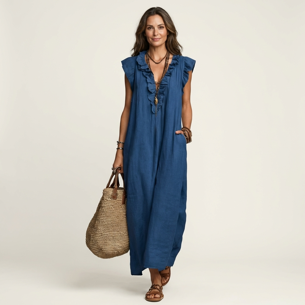 Anita | Vestido largo con escote en V y volantes