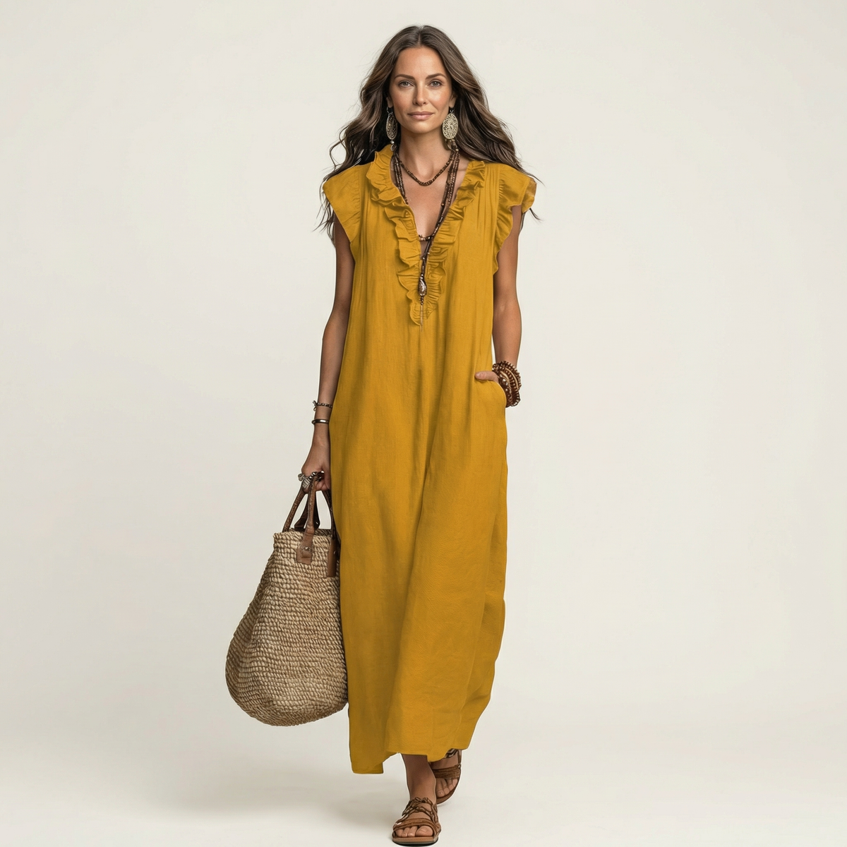 Anita | Vestido largo con escote en V y volantes