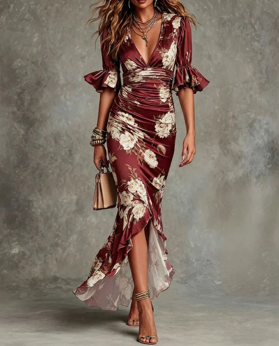 Anastasia | Vestido largo asimétrico de satén con estampado floral